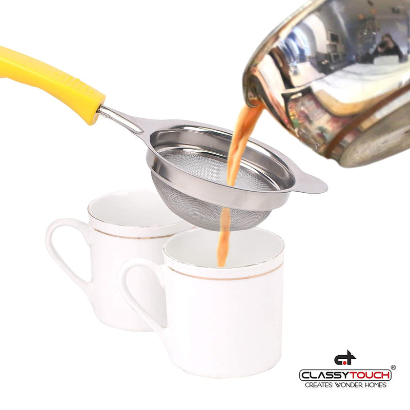 Classy Touch Fine Mesh Stainless Steel Tea Strainer with Non Slip Handle (Yellow) |  Ideal Size for Straining Teas and Cocktails or Sifting Flour, Sugar, Spices, and Herbs