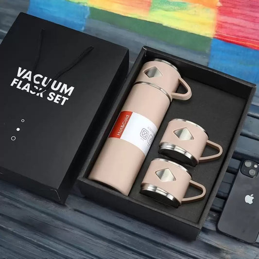 Stainless Steel Vacuum Flask Set with 3 Steel Cups | Set of 3 Pcs