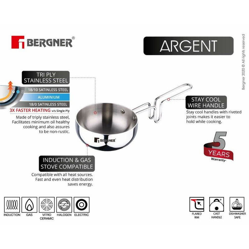 Bergner Argent Tri-Ply Stainless Steel 12 cm Tadka Pan - 3