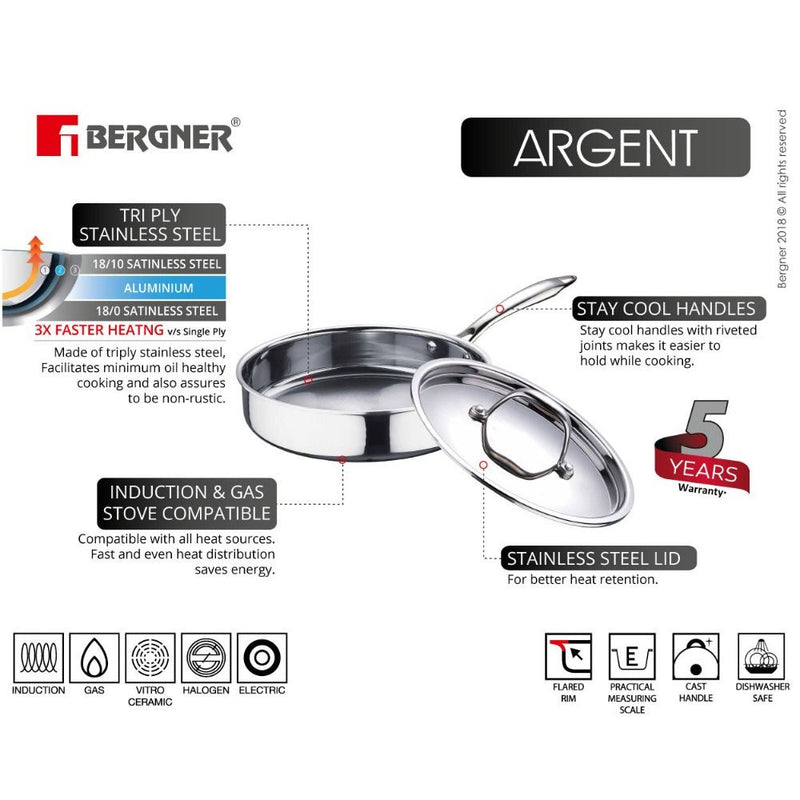 Bergner Argent Tri-Ply 22 cm Sautepan with Stainless Steel Lid - 8