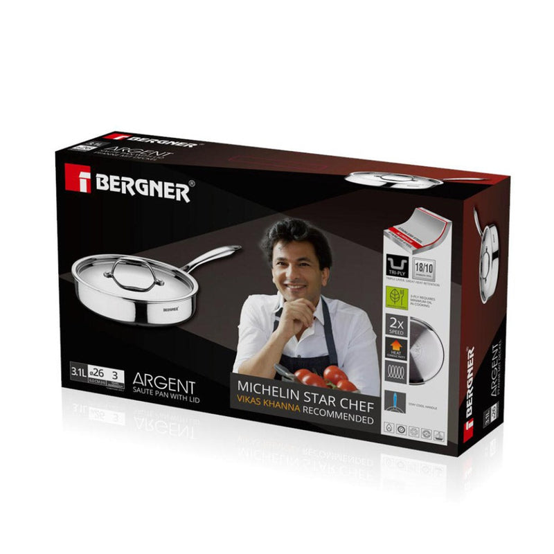 Bergner Argent Tri-Ply Sautepan with Stainless Steel Lid - 8