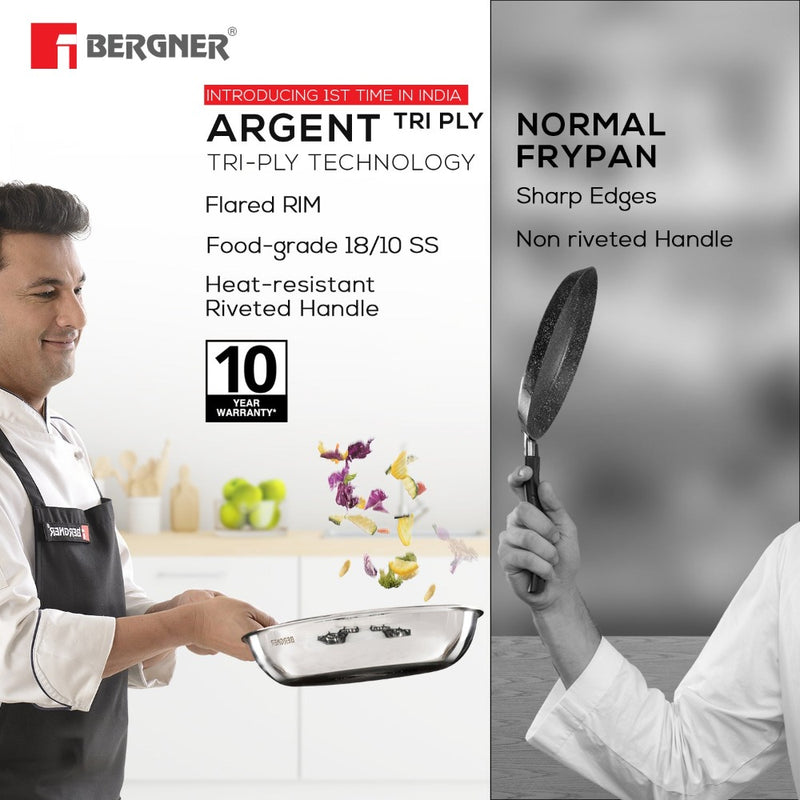 Bergner Argent Tri-Ply Frypan | Gas & Induction Compatible - 4 