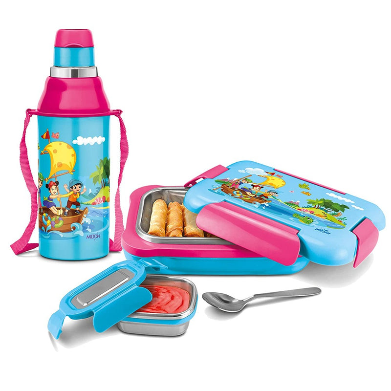 Rakhi with your KID SISTER - Milton Tiffin and Bottle Set + Brass Idli Vessels Playset + Mickey Mouse Plate + Hawkins Toy Cooker - 2