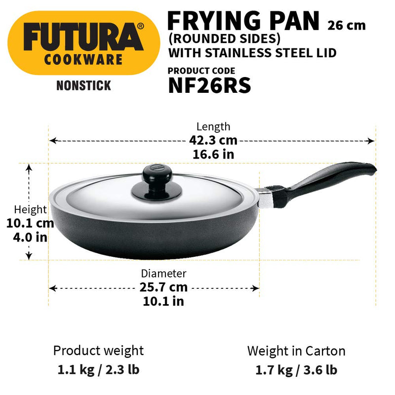 Hawkins Futura Nonstick 26 cm Rounded Sides Frying Pan with Stainless Steel Lid - 3
