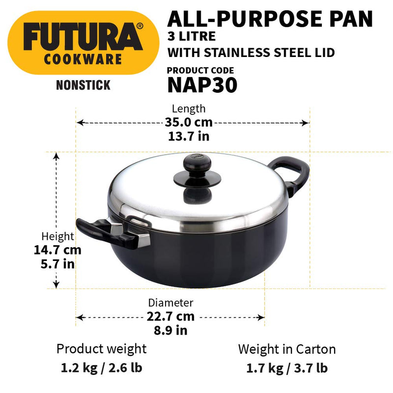 Hawkins Futura Nonstick 3 Litre All-Purpose Pan with Stainless Steel Lid - 3