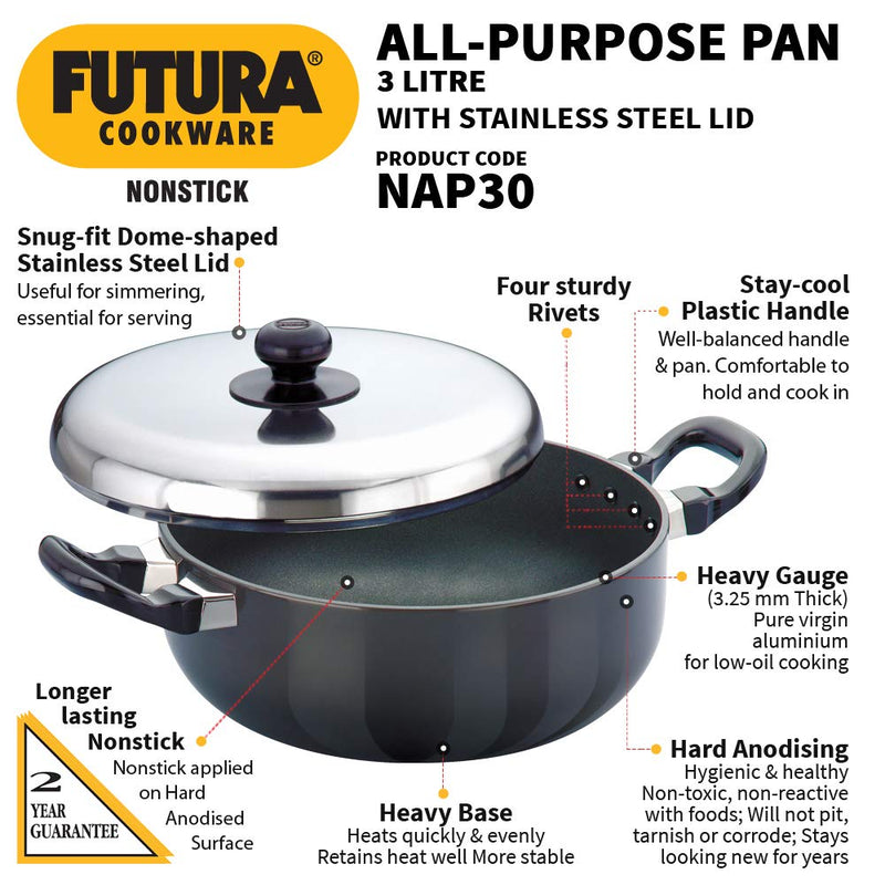 Hawkins Futura Nonstick 3 Litre All-Purpose Pan with Stainless Steel Lid - 2
