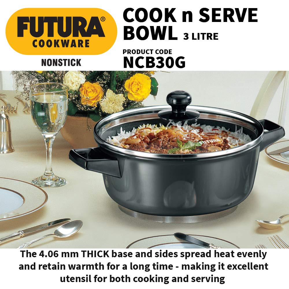 Hawkins Futura Non-Stick 3 Litre Cook N Serve Bowl with Glass Lid - NCB30G - 5