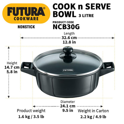 Hawkins Futura Non-Stick 3 Litre Cook N Serve Bowl with Glass Lid - NCB30G - 4