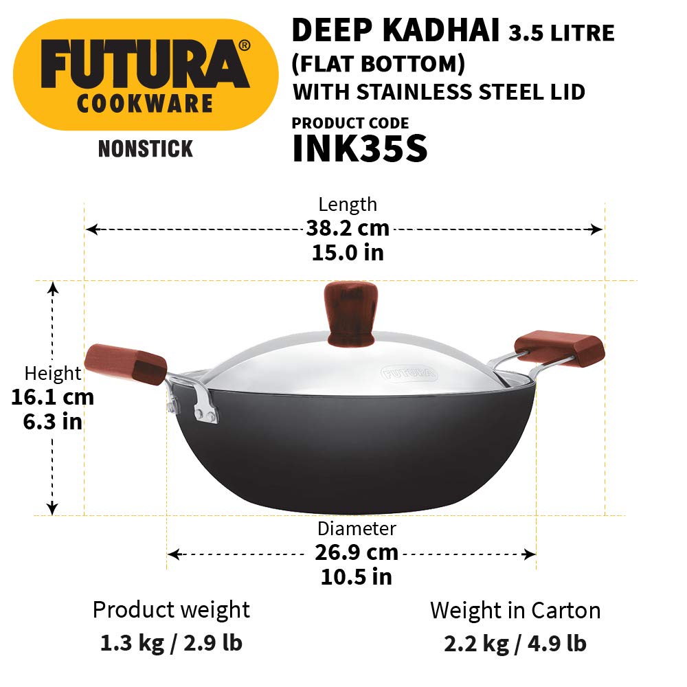 Hawkins Futura Non Stick 3.5 Litre Deep Kadhai with Stainless Steel Lid - 3