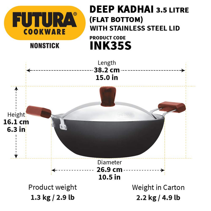 Hawkins Futura Non Stick 3.5 Litre Deep Kadhai with Stainless Steel Lid - 3