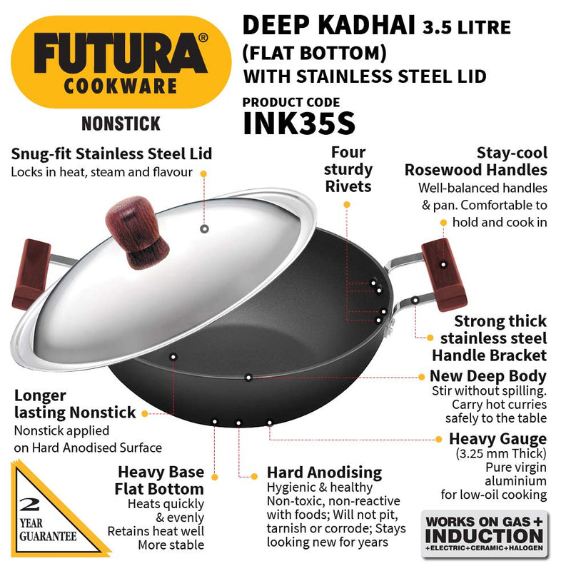 Hawkins Futura Non Stick 3.5 Litre Deep Kadhai with Stainless Steel Lid - 2