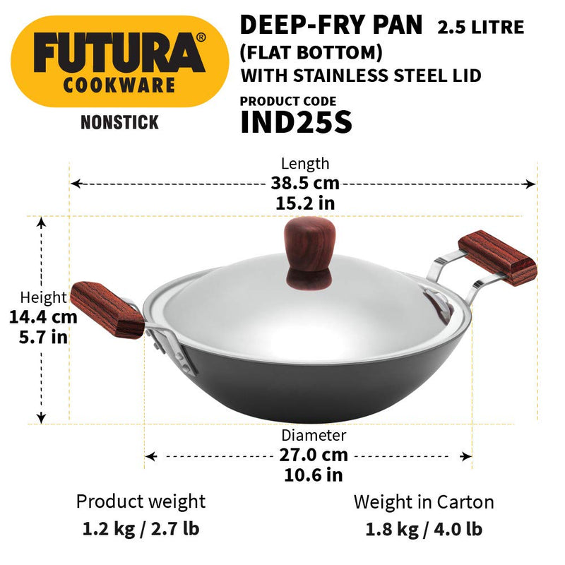 Hawkins Futura Nonstick Deep-Fry Pan (Flat Bottom) with Stainless Steel Lid /without Lid, Black|| 2.5 Litres