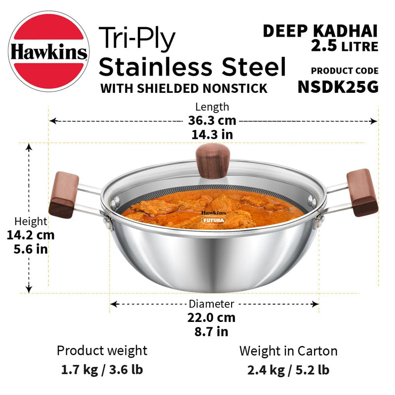 Hawkins Triply Stainless Steel Shielded Nonstick 2.5 Litre Deep Kadhai with Glass Lid - 3