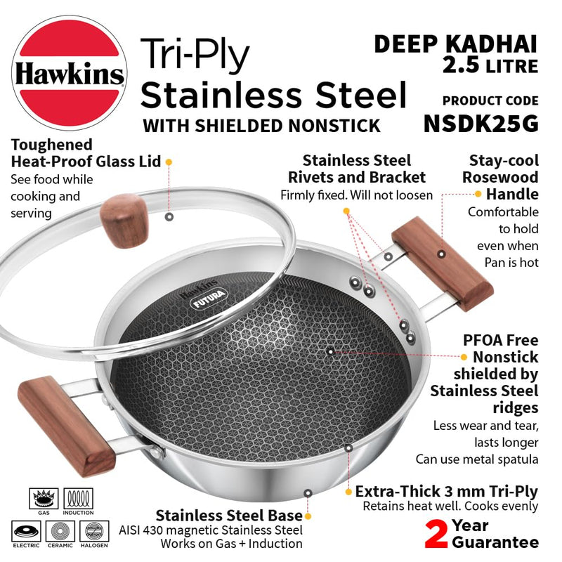 Hawkins Triply Stainless Steel Shielded Nonstick 2.5 Litre Deep Kadhai with Glass Lid - 2