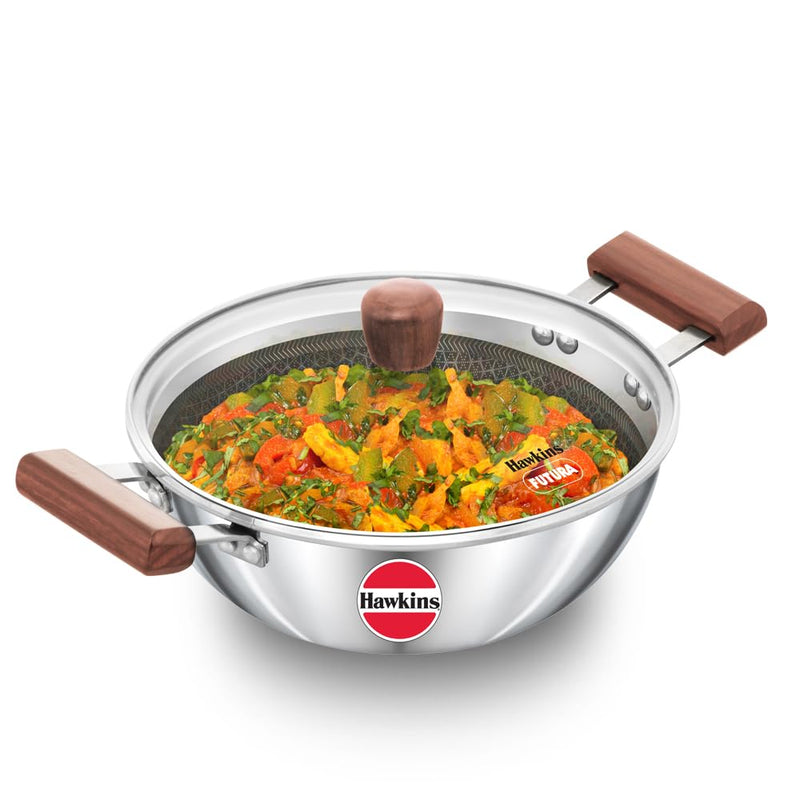 Hawkins Triply Stainless Steel Shielded Nonstick 2.5 Litre Deep Kadhai with Glass Lid - 1
