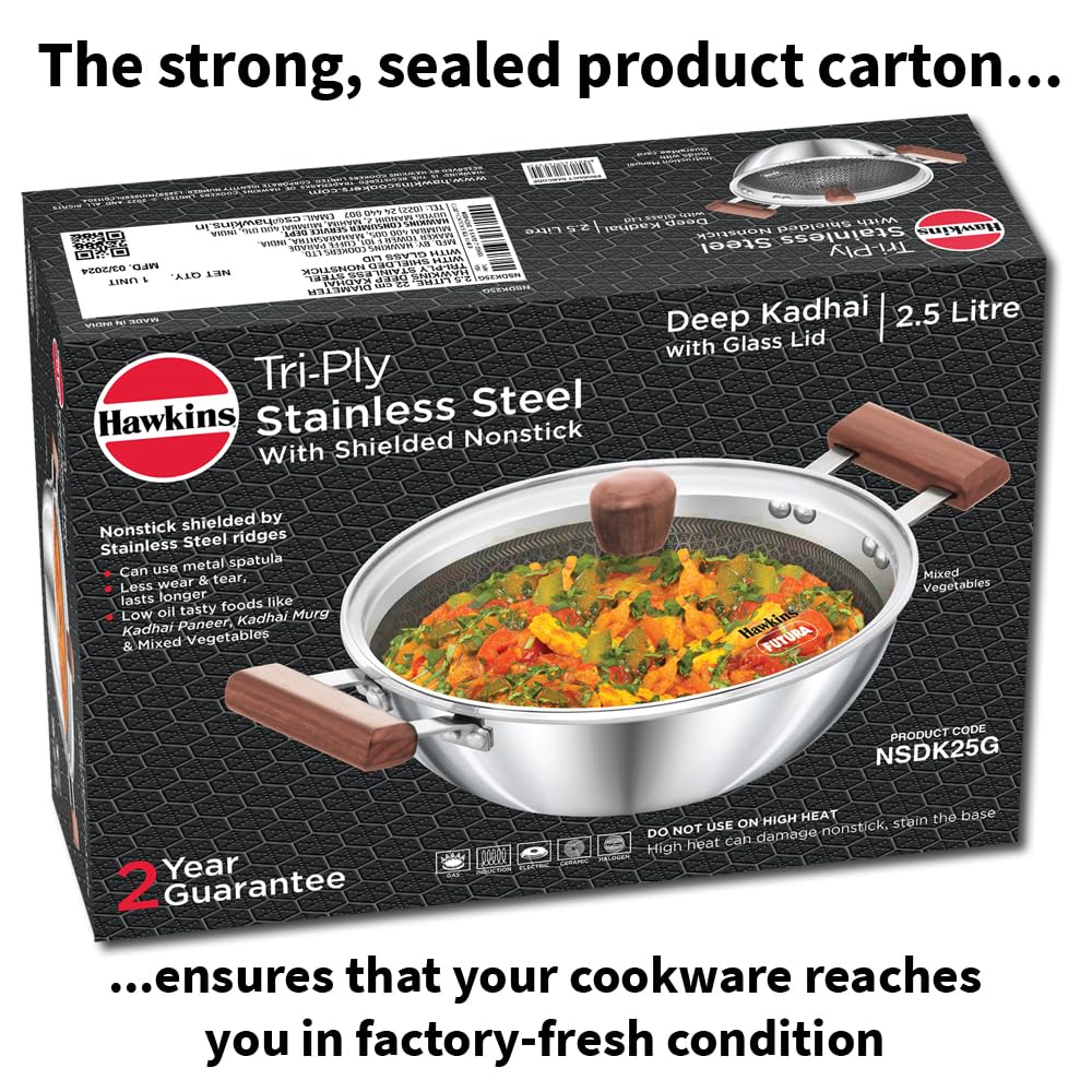 Hawkins Triply Stainless Steel Shielded Nonstick 2.5 Litre Deep Kadhai with Glass Lid - 11