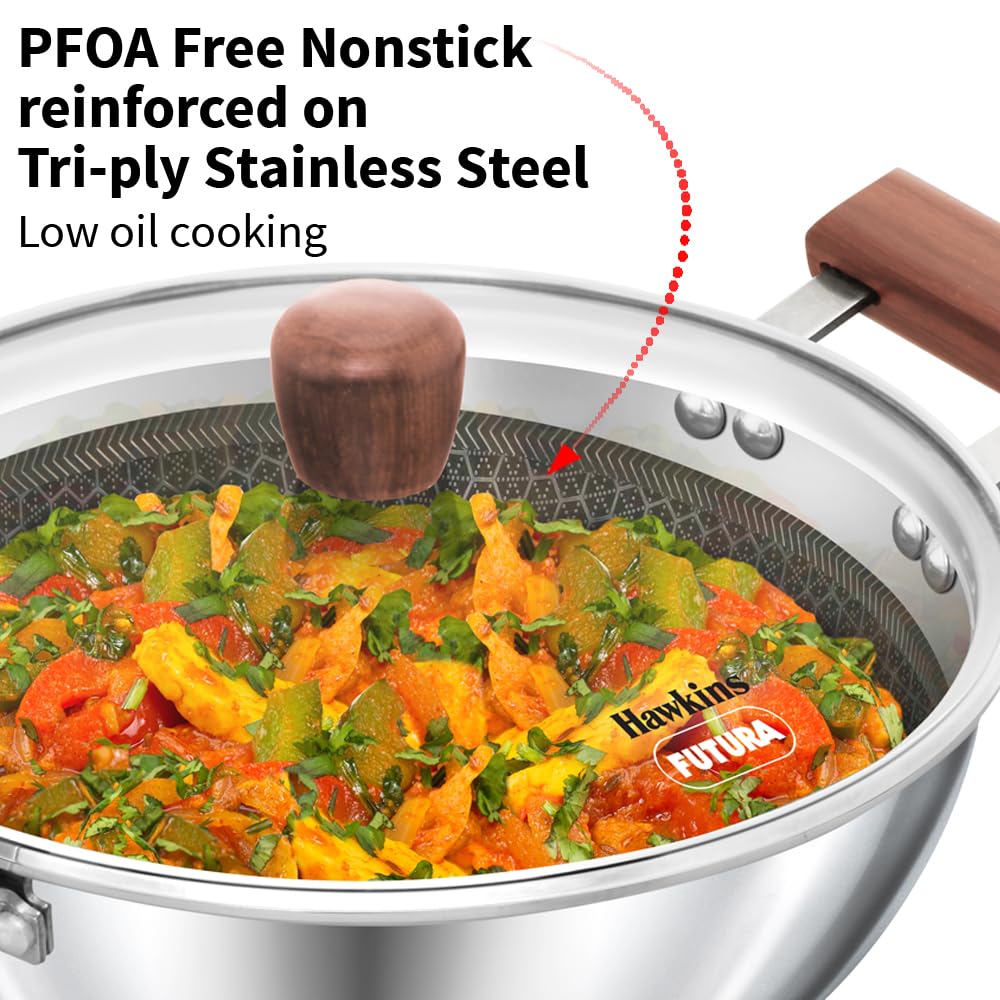 Hawkins Triply Stainless Steel Shielded Nonstick 2.5 Litre Deep Kadhai with Glass Lid - 10