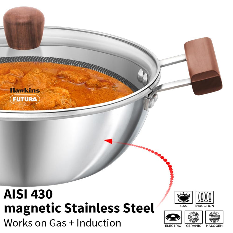 Hawkins Triply Stainless Steel Shielded Nonstick 2.5 Litre Deep Kadhai with Glass Lid - 9