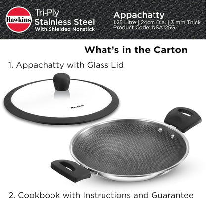 Hawkins Tri-Ply Stainless Steel with Shielded Nonstick 1.25 Litre Appachatty with Glass Lid - NSA125G - 10