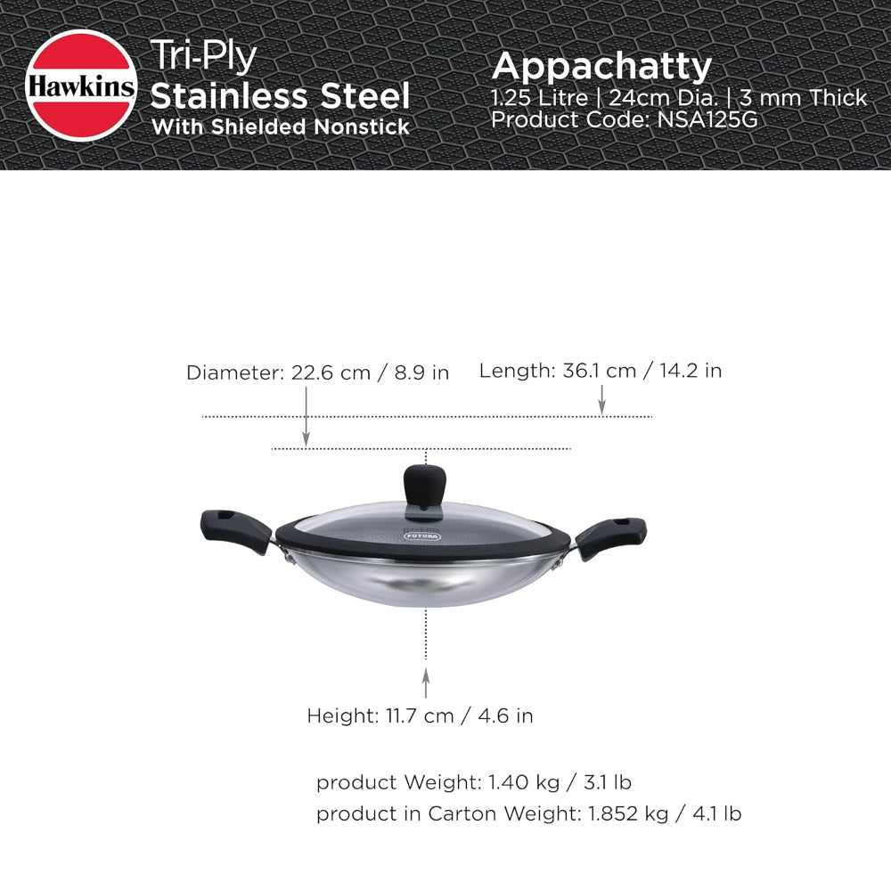 Hawkins Tri-Ply Stainless Steel with Shielded Nonstick 1.25 Litre Appachatty with Glass Lid - NSA125G - 3