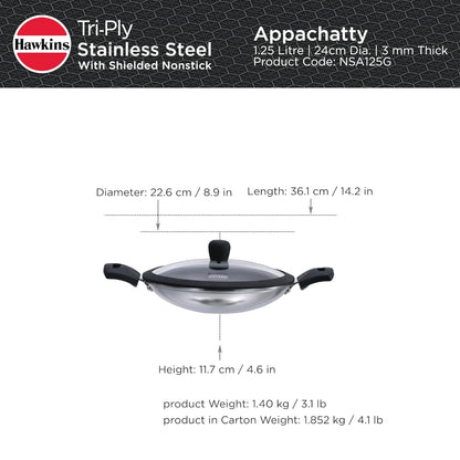Hawkins Tri-Ply Stainless Steel with Shielded Nonstick 1.25 Litre Appachatty with Glass Lid - NSA125G - 3