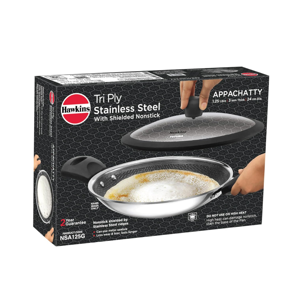 Hawkins Tri-Ply Stainless Steel with Shielded Nonstick 1.25 Litre Appachatty with Glass Lid - NSA125G - 9
