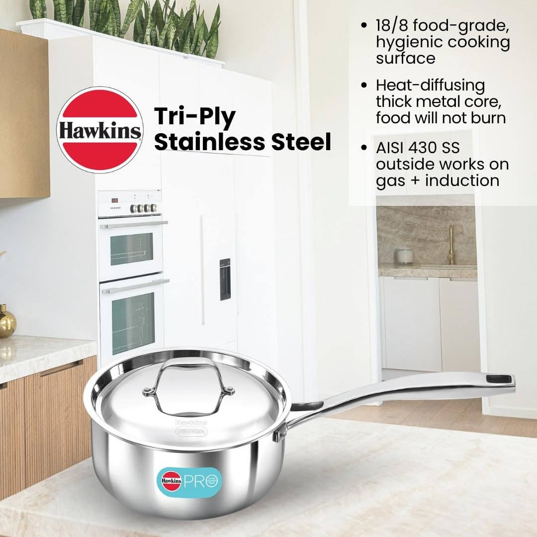 Hawkins Pro 2.5 Litre Tri-Ply Stainless Steel Sauce Pan with Stainless Steel Lid - 8