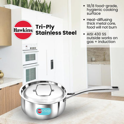 Hawkins Pro 2.5 Litre Tri-Ply Stainless Steel Sauce Pan with Stainless Steel Lid - 8
