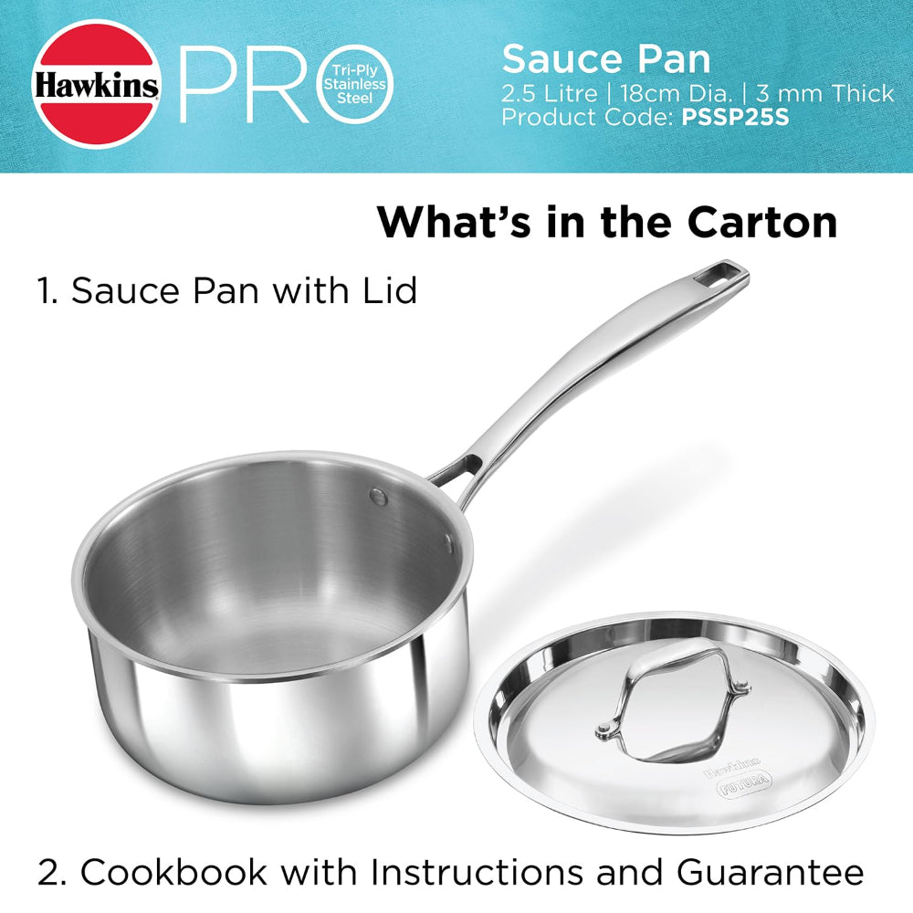 Hawkins Pro 2.5 Litre Tri-Ply Stainless Steel Sauce Pan with Stainless Steel Lid - 10