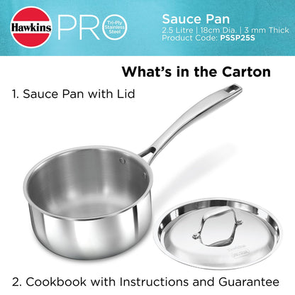 Hawkins Pro 2.5 Litre Tri-Ply Stainless Steel Sauce Pan with Stainless Steel Lid - 10