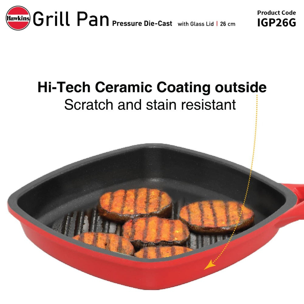 Hawkins Die Cast Non Stick 26 cm Grill Pan with Glass Lid Red Black