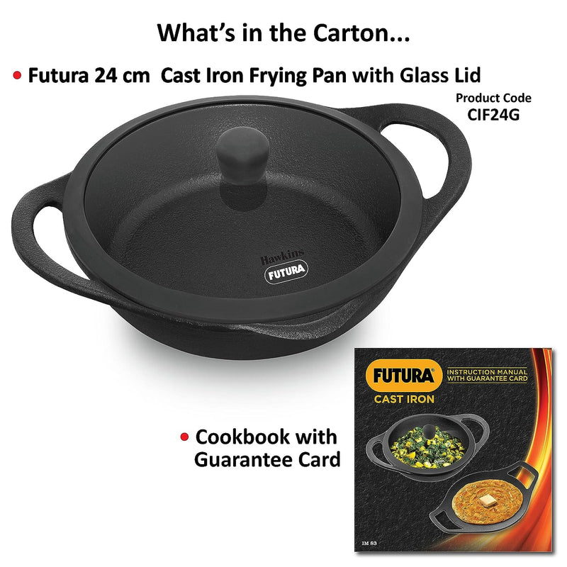 Hawkins Futura Cast Iron 24 cm Fry Pan with Glass Lid | Gas & Induction Compatible | Black