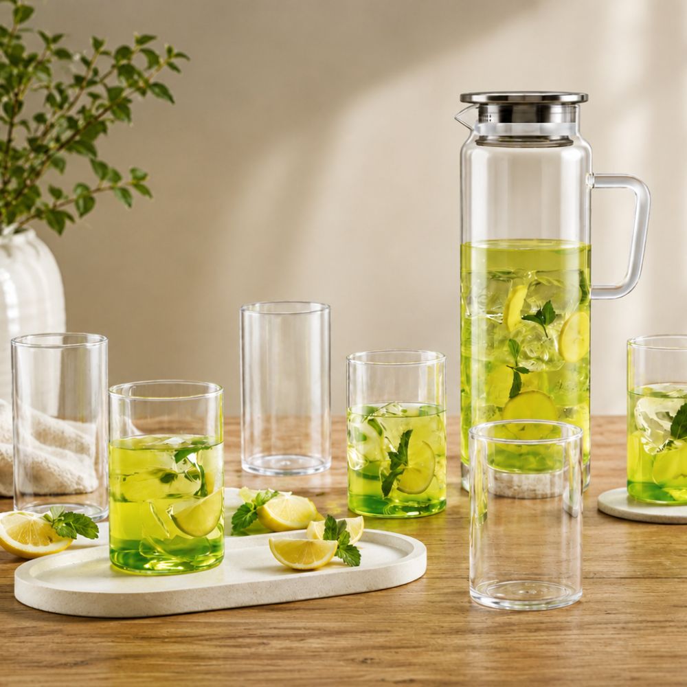 Borosil Mist Lemon Set - 1300 ML Jug + 235 ML 6 Glasses - 2