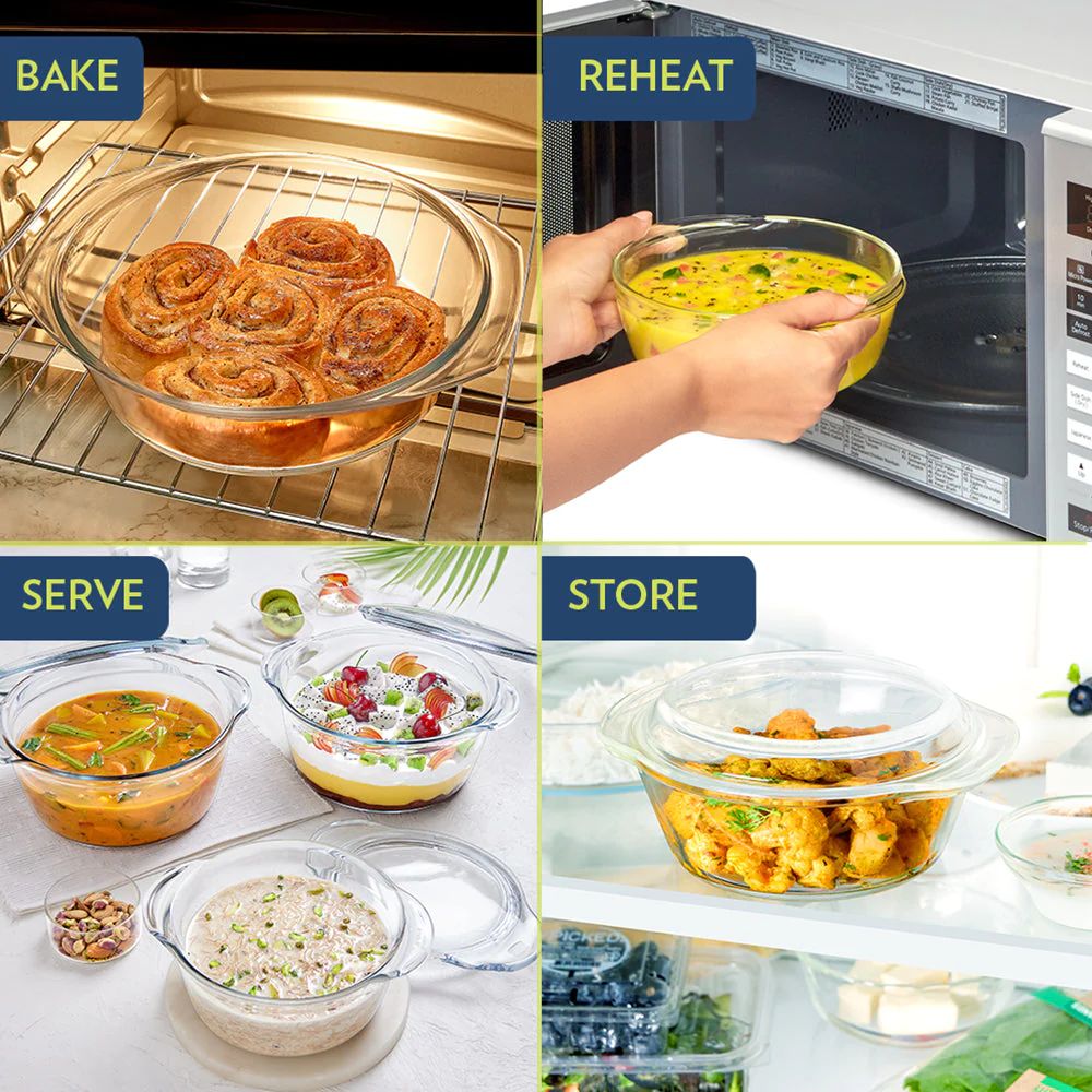 Borosil Deep Round Casserole with Lid Microwave Safe Oven Safe Transparent Pc