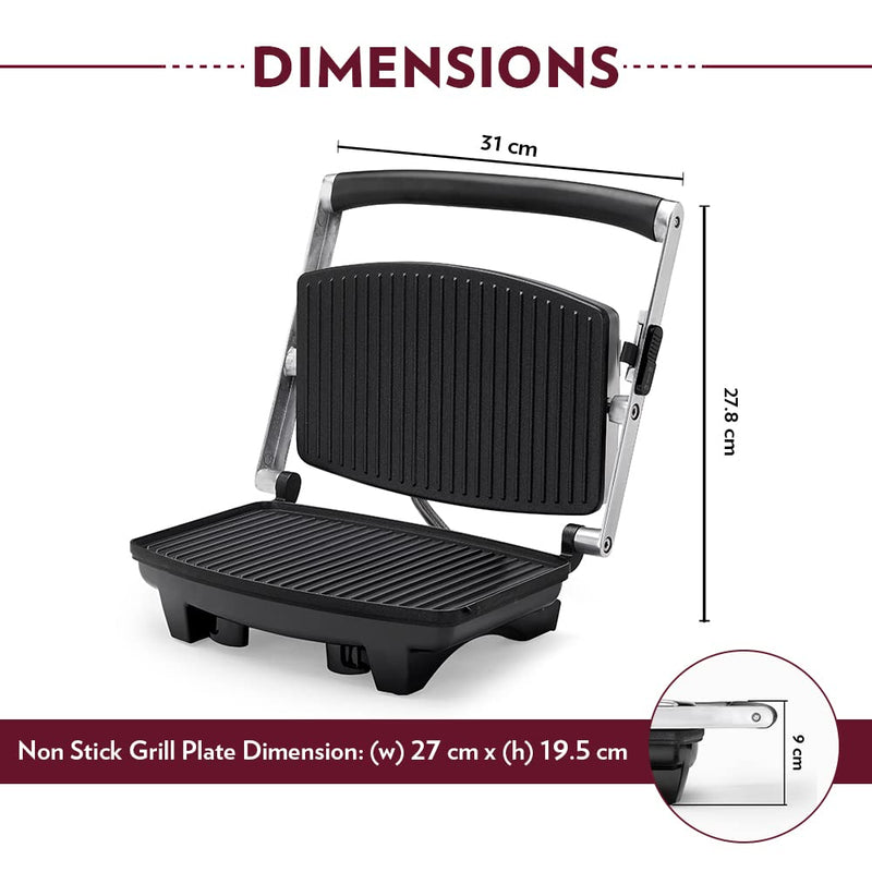 Borosil Jumbo 1000 Watts 2 Slice Grill Sandwich Maker Grey