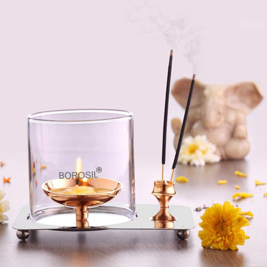 Borosil Decorative Brass Aarti Diya | Diya with Borosilicate Glass | Golden