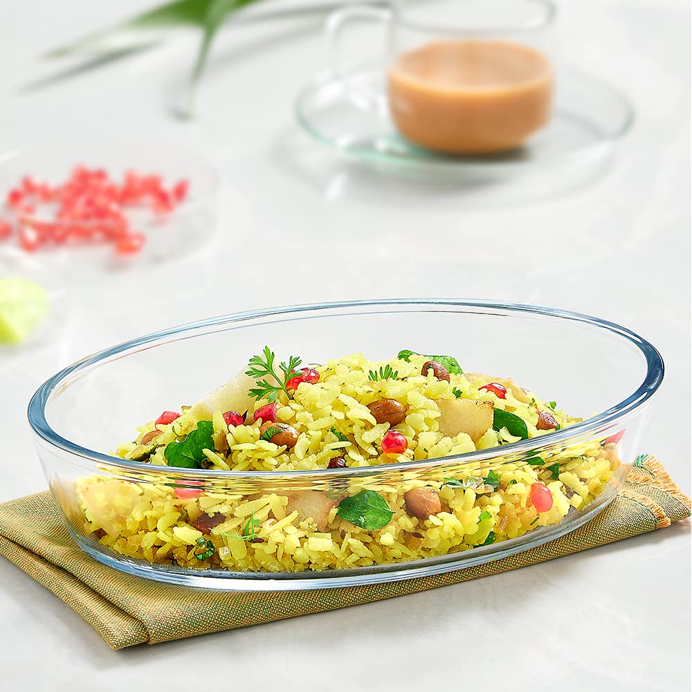 Borosil Bake-N-Store Set - 700 ML Oval Dish + 620 ML Klip n Store Round Container - 2