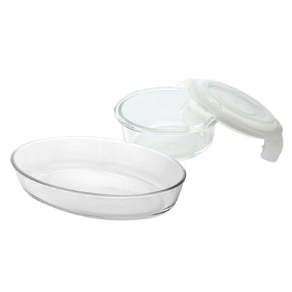 Borosil Bake-N-Store Set - 700 ML Oval Dish + 620 ML Klip n Store Round Container - 4