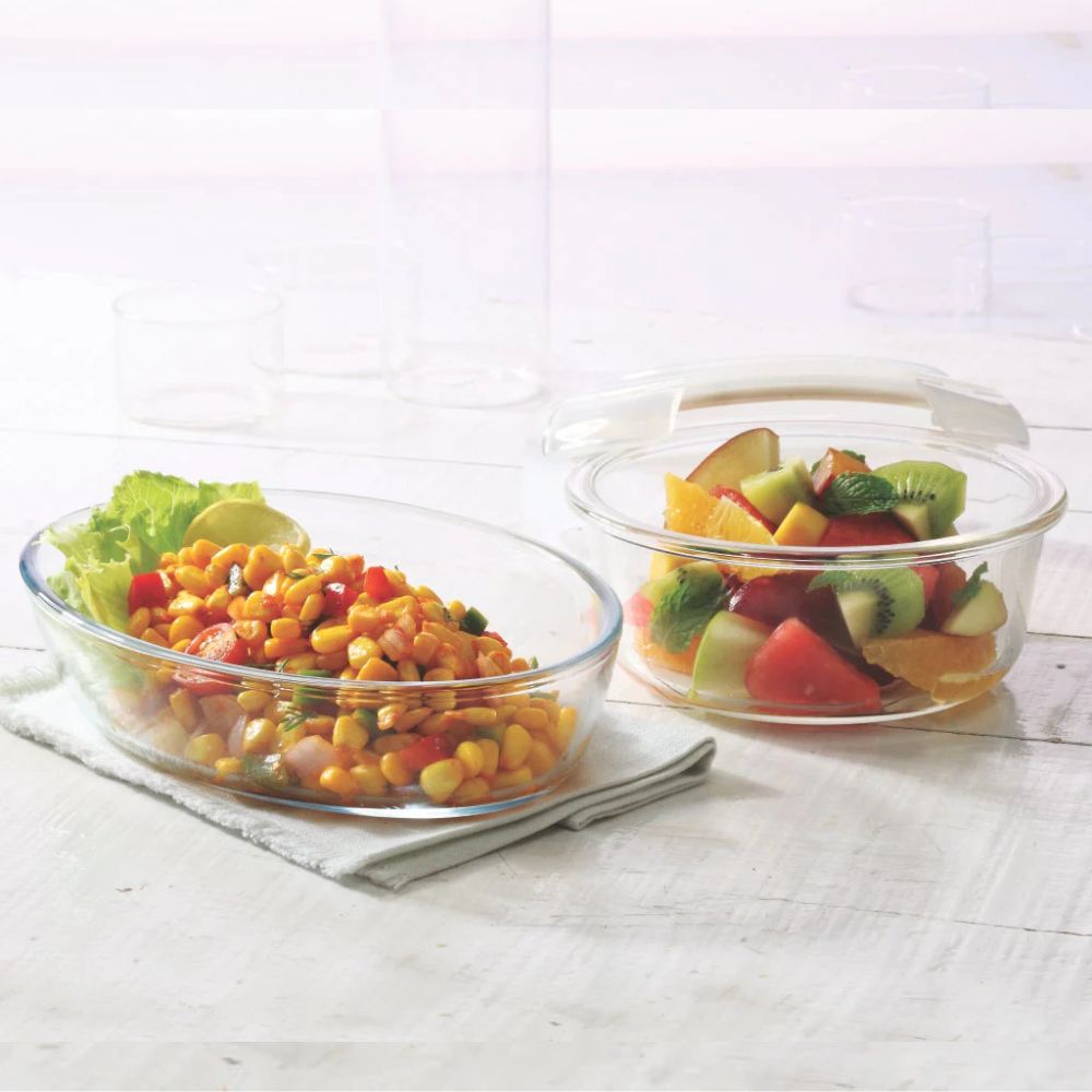 Borosil Bake-N-Store Set - 700 ML Oval Dish + 620 ML Klip n Store Round Container - 1