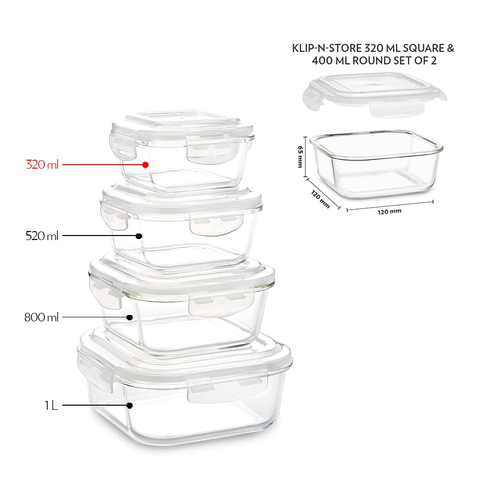 Borosil Klip n Store 320 ML Square + 400 ML Round Glass Container - 4