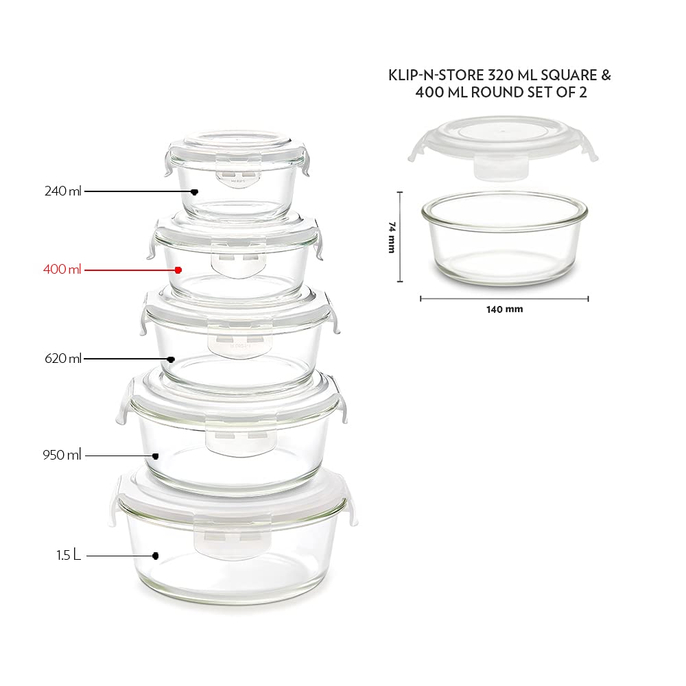 Borosil Klip n Store 320 ML Square + 400 ML Round Glass Container - 5