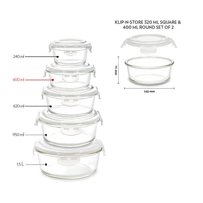 Borosil Klip n Store 320 ML Square + 400 ML Round Glass Container - 5