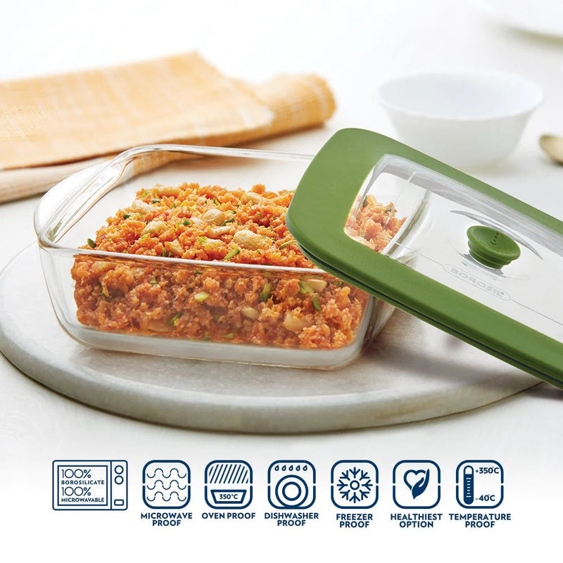 Borosil Square Dish with Green Lid - 9