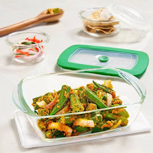 Borosil Rectangular Dish with Green Lid - 1