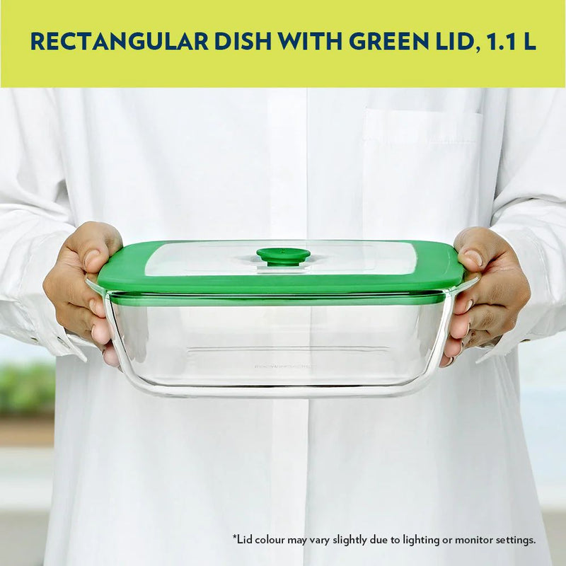 Borosil Rectangular Dish with Green Lid - 3