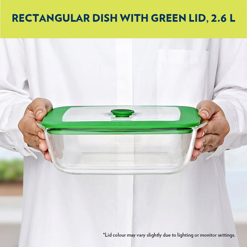Borosil Rectangular Dish with Green Lid - 6
