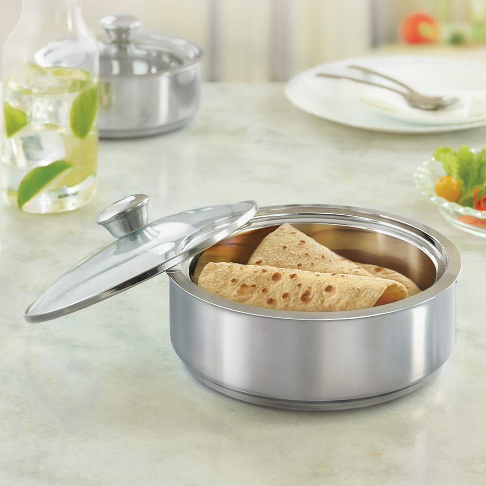 Borosil Servefresh Stainless Steel Insulated Roti Server with Glass Li ...