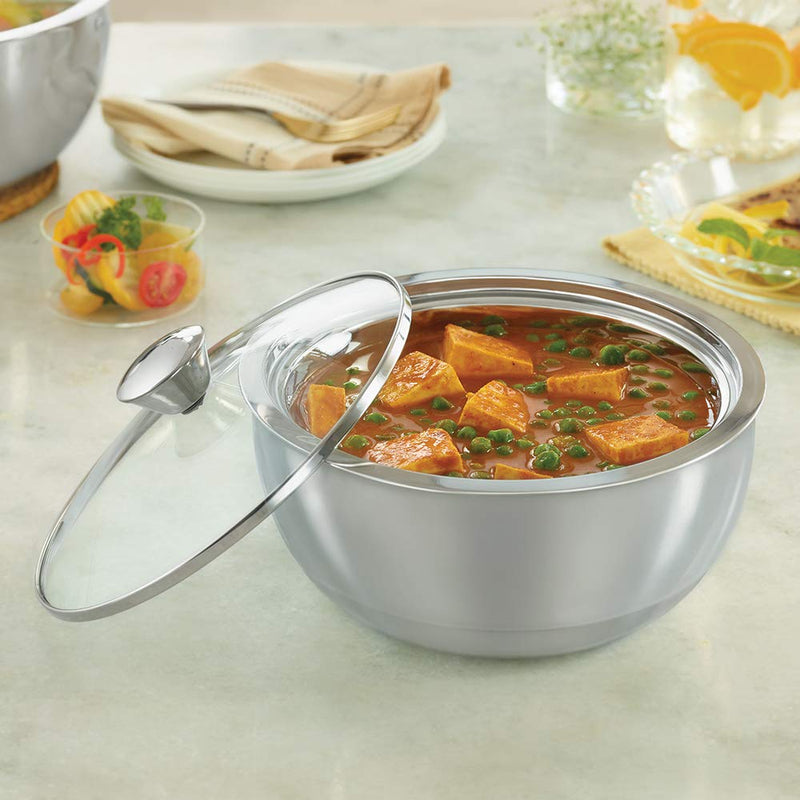 Borosil Servefresh Stainless Steel Insulated Curry Server with Glass Lid - 1