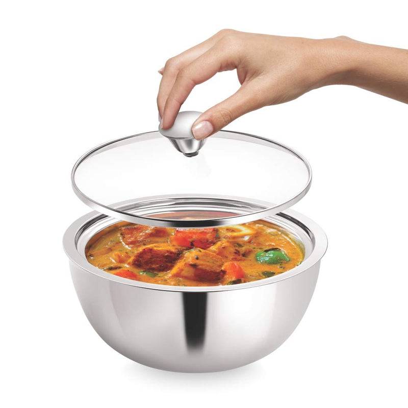 Borosil Servefresh Stainless Steel Insulated Curry Server with Glass Lid - 4