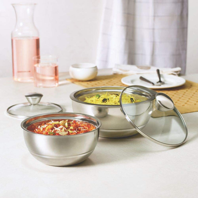 Borosil Servefresh Stainless Steel Insulated 500 ML + 900 ML Curry Server with Glass Lid - 1